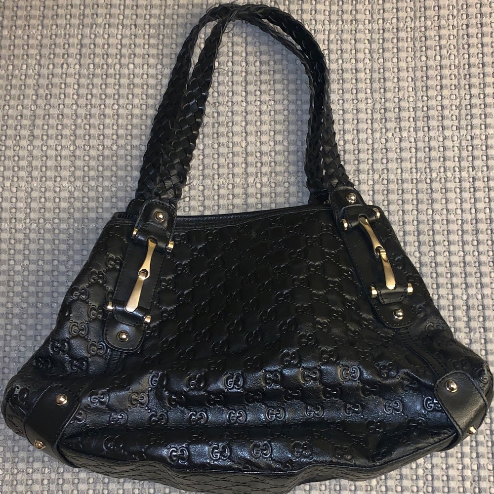 Discontinued Gucci Black Embossed Leather Shoulder Pelham Bag